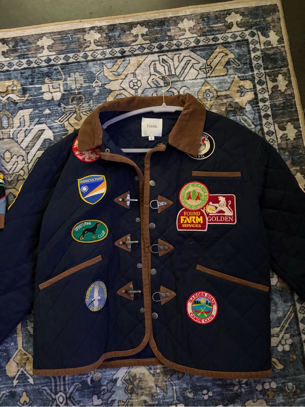 Found Quilted Navy Field Jacket with Brown Trim and Patchwork